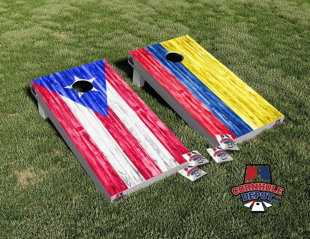 Colombia and Puerto Rico Flag Washed Cornhole Board Vinyl Wrap Laminated Sticker Decal Set