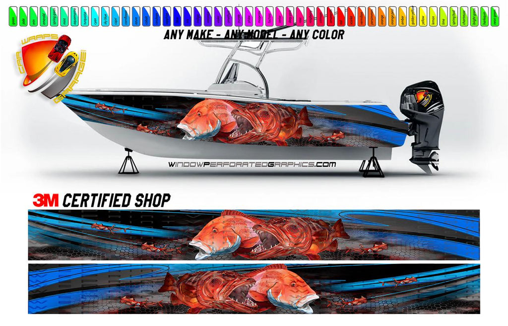 Coral Trout and Emperor Fish Blue Graphic Boat Vinyl Wrap Fishing Pont ...