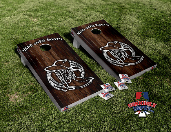 Cowboy Boots Hat Dark Wood Cornhole Board Vinyl Wrap Laminated Sticker Set Decal