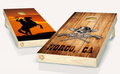 Cowboy at Sunset Silhouetted Horse Norco CA Cornhole Board Vinyl Wrap Laminated Sticker Set Decal