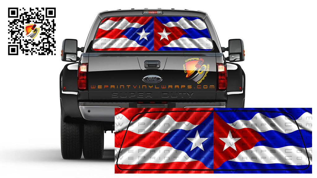 Cuban and Puerto Rican Flag Rear Window Graphic Perforated Decal Vinyl Cars Campers Trucks RV