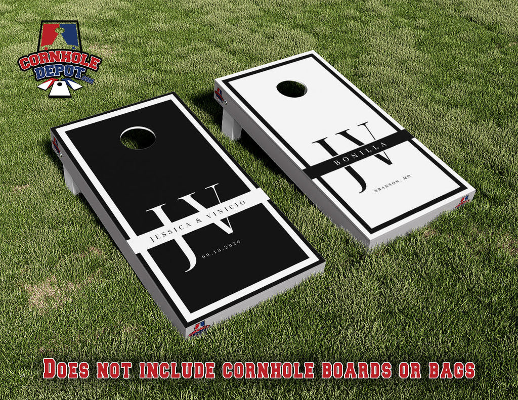Custom Personalized Elegant White and Black Cornhole Board Vinyl Wraps Laminated Sticker Decal Set Weddings Anniversary Gifts