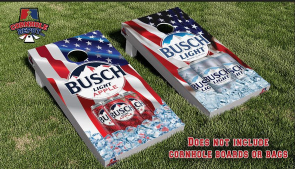 Busch Light and Busch Apple American Flag Split Set Cornhole Board Vinyl Wrap Laminated Sticker Set Decal