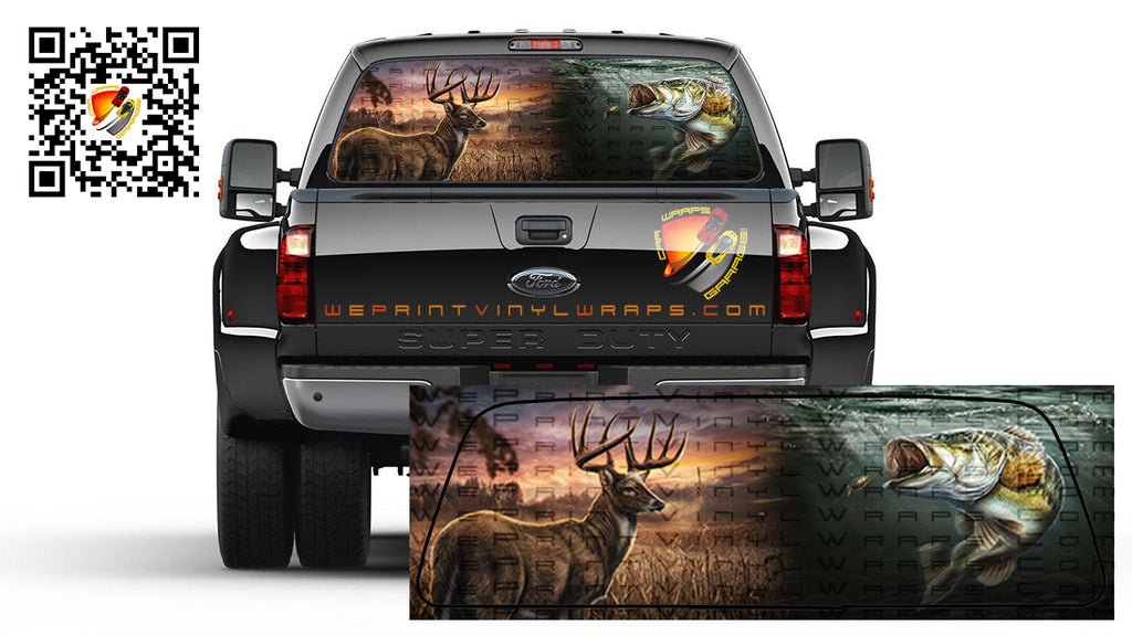 DEER HUNTING BASS FISHING Rear Window Perforated Graphic Decal Sticker Trucks Cars Campers