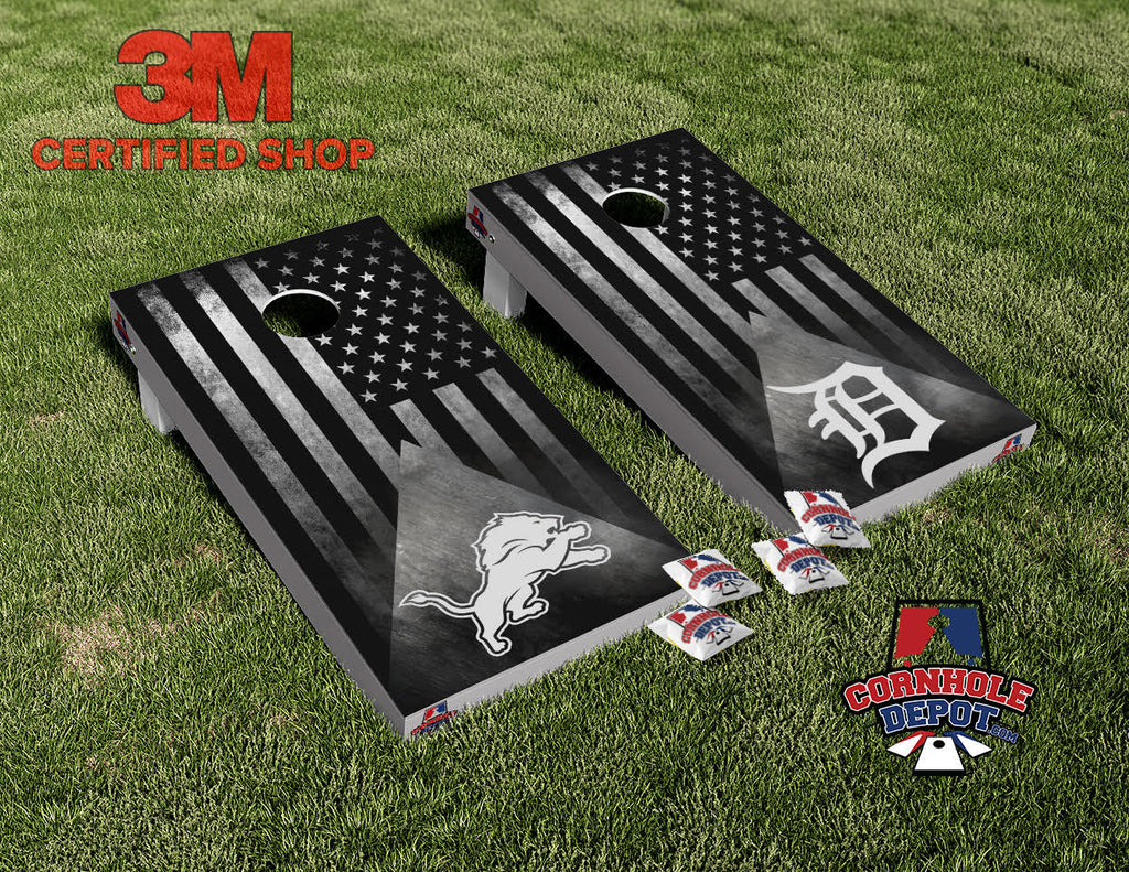 American Flag Black and White Detroit Lions Cornhole Board Vinyl Wrap Skins Laminated Sticker Set Decal