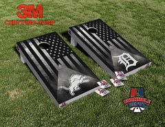 American Flag Black and White Detroit Lions Cornhole Board Vinyl Wrap Skins Laminated Sticker Set Decal