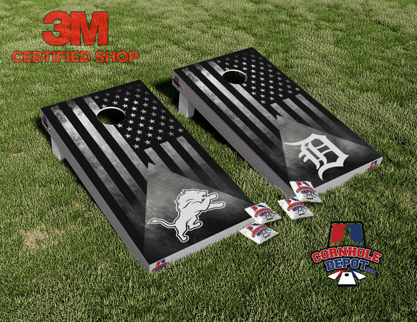 American Flag Black and White Detroit Lions Cornhole Board Vinyl Wrap Skins Laminated Sticker Set Decal