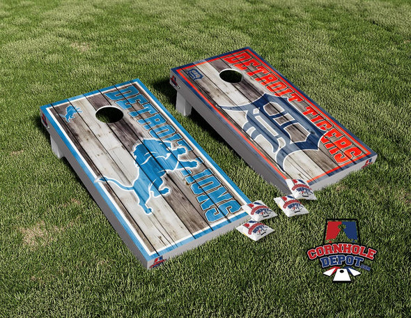 Detroit Lions  and Detroit Tigers Split Set Washed Cornhole Board Vinyl Wrap Skins Laminated Sticker Set Decal