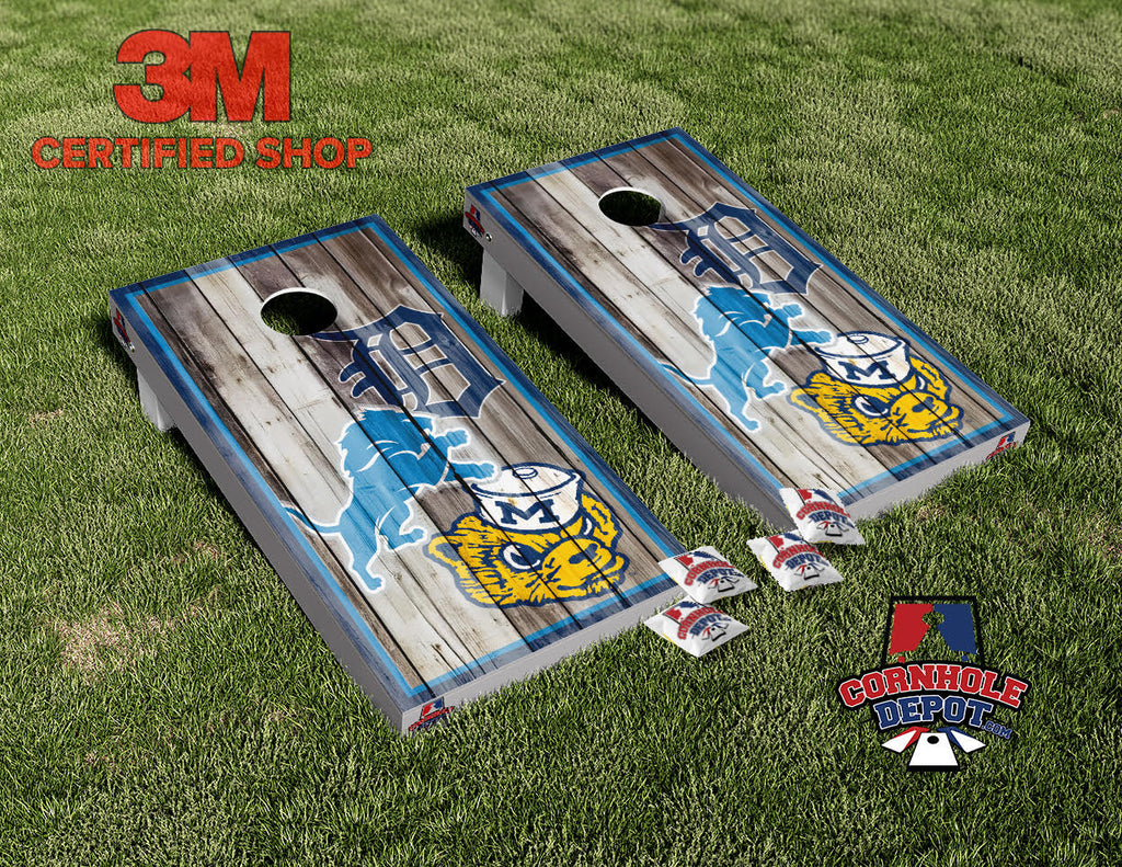 Detroit Tigers, Detroit Lions and Michigan Wolverine Mashup Cornhole Board Vinyl Wrap Skins Laminated Sticker Set Decal