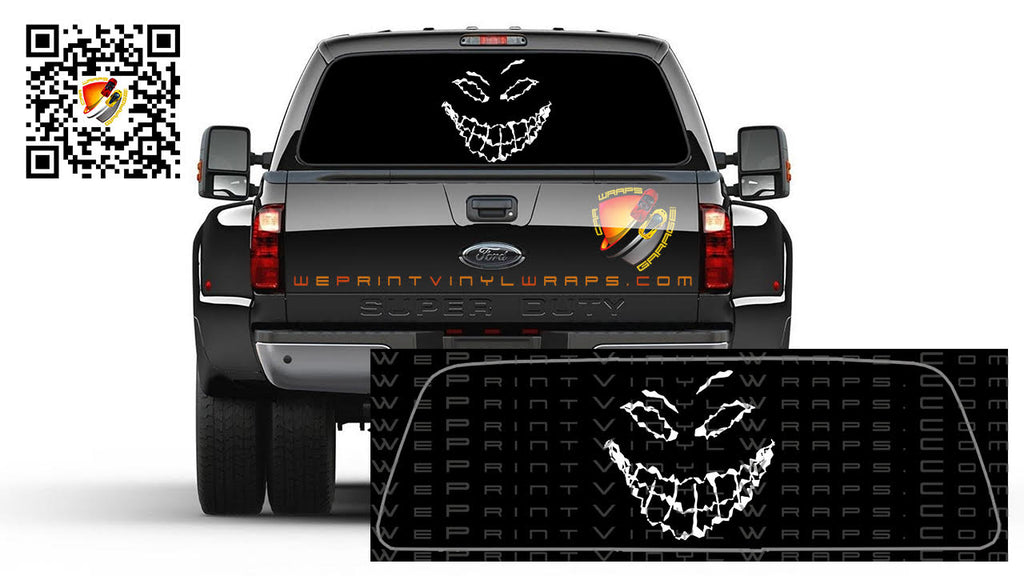 Evil Smiley Face Black Rear Window Perforated Graphic Vinyl Decal Tint Cars Trucks SUV Campers