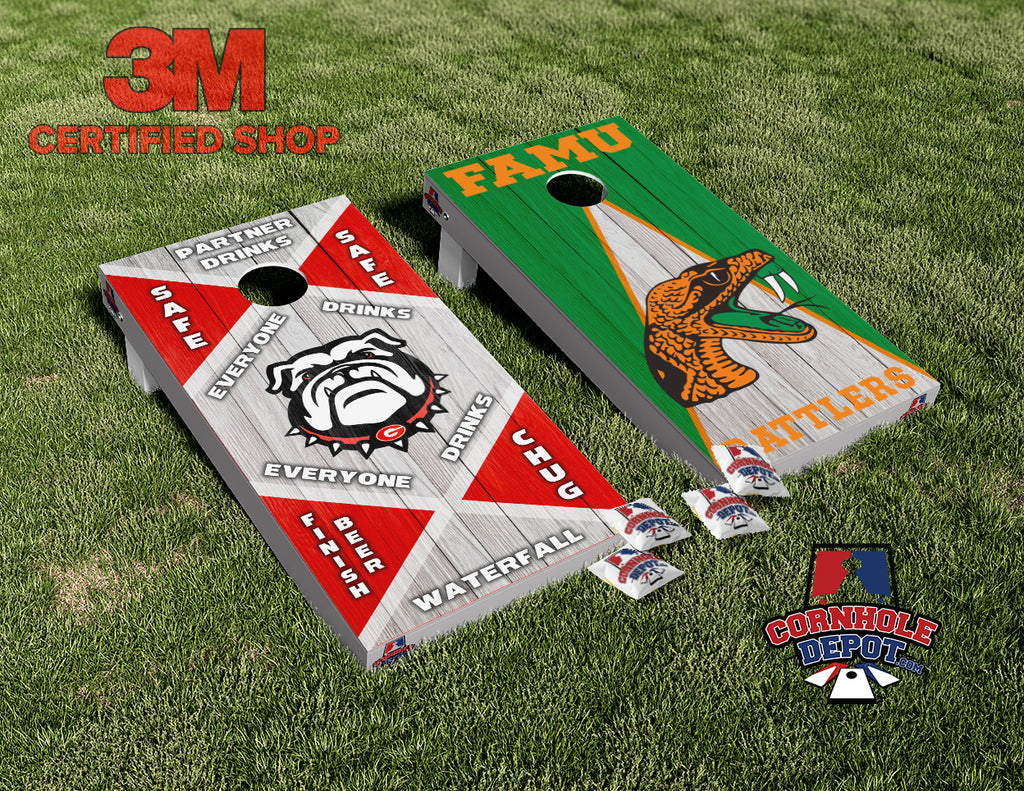 FAMU Rattlers and Georgia Bulldogs Drinking Game Cornhole Board Vinyl Wrap Skins Laminated Sticker Set Decal