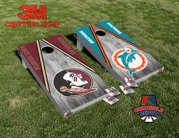 FSU Florida State Seminoles and Dolphins Split Set Cornhole Board Vinyl Wrap Skins Laminated Sticker Set Decal