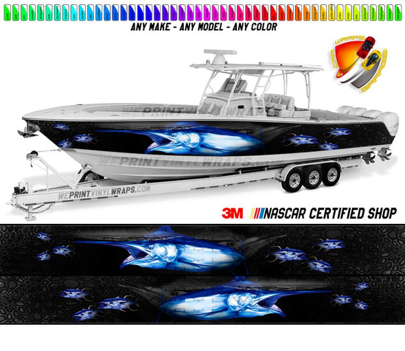 Distressed American Flag & Shark Fishbones Modern Lines Graphic Vinyl Boat  Wrap