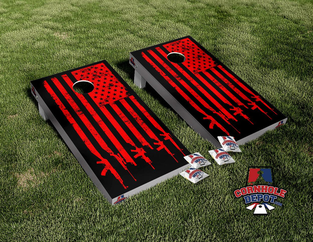 American Flag Black and Red Gun Stripe Cornhole Board Vinyl Wrap Skins Laminated Sticker Decal Set