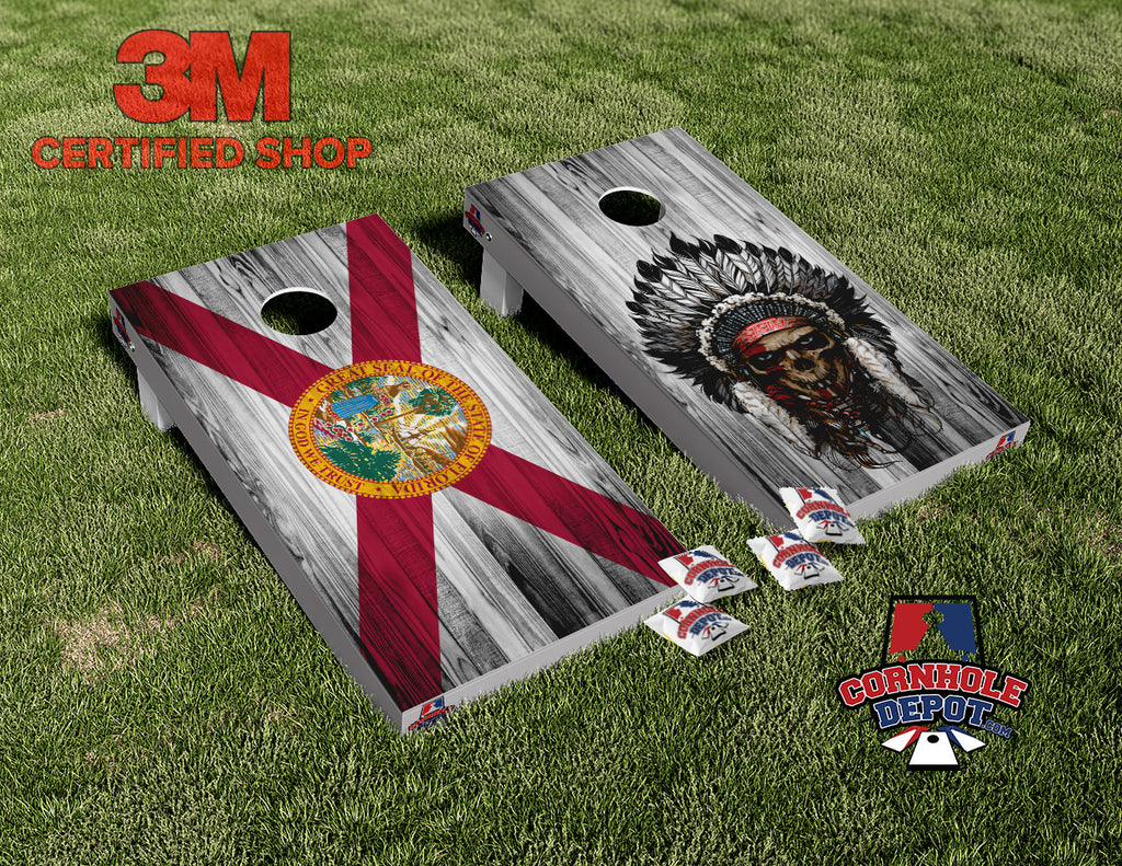 Florida State Flag and Skeleton Indian Split Set Cornhole Board Vinyl Wrap Skins Laminated Sticker Set Decal