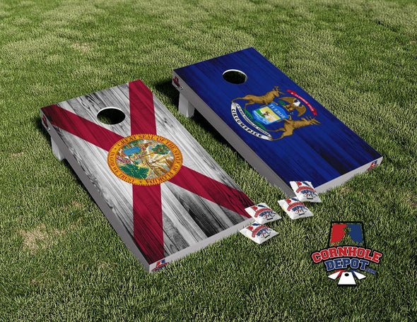 Florida and Michigan Flag Cornhole Board Vinyl Wrap Skins Laminated Sticker Set Decal