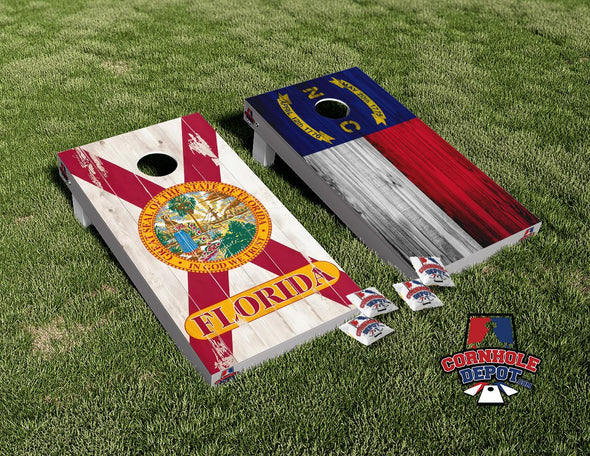 Florida and North Carolina Flag Washed Cornhole Board Vinyl Wrap Skins Laminated Sticker Set Decal
