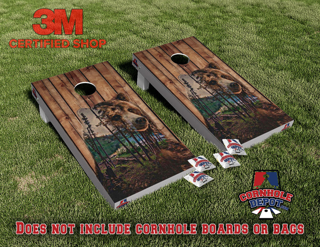 Forest  Bear Wood Cornhole Board Vinyl Wrap Skins Laminated Sticker Set Decal