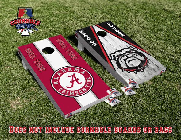 Alabama Crimson Roll Tide and Georgia Bulldogs Split Set Cornhole Board Vinyl Wrap Skins Laminated Sticker Set Decal