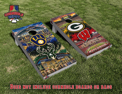 Jeff ~9 sets: 1 Wisconsin Mashup light gray, 1 Harley, 1 Bunnow, 1 Hang, 1 Honor, 1 MU, 1 Go Packers, 1 Wisconsin/Milwaukee and 1 Deer/Ducks Flag Cornhole Board Vinyl Wrap Skins Laminated Sticker Set Decal
