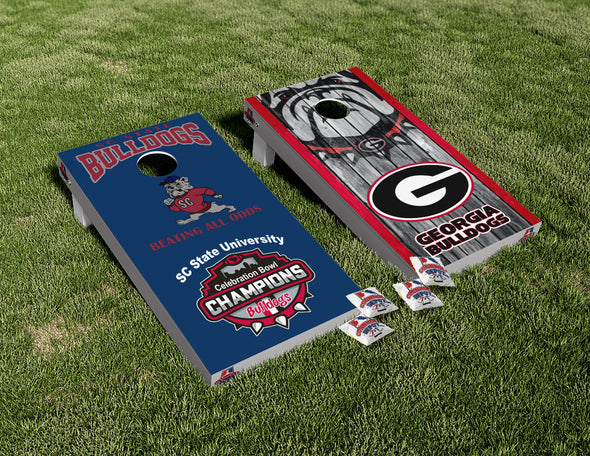 Georgia Bulldogs and SC State Bulldogs Split Set Cornhole Board Skins Vinyl Wrap Laminated Sticker Decal Set