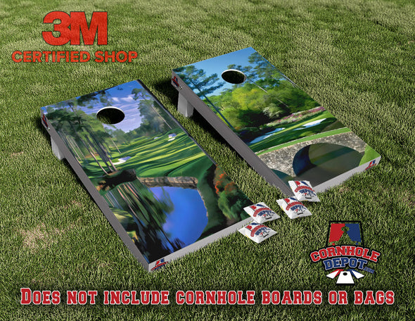 Golf Course Bridge and Lake Cornhole Board Vinyl Wrap Skins Laminated Sticker Set Decal