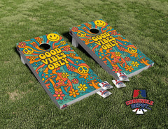 Good Vibes Groovy Cornhole Board Vinyl Wrap Skins Laminated Sticker Decal Set