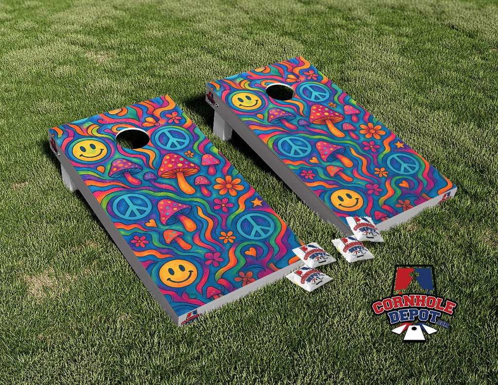 Good Vibes Groovy Peace Cornhole Board Vinyl Wrap Skins Laminated Sticker Decal Set