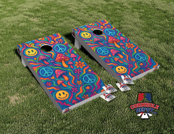 Good Vibes Groovy Peace Cornhole Board Vinyl Wrap Skins Laminated Sticker Decal Set