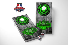 Harley Davidson Motorcycle Green Skull Cornhole Board Vinyl Wrap Skins Laminated Decal Sticker Set