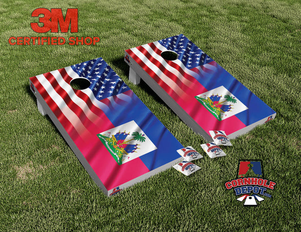 Haiti and American Flag Cornhole Board Vinyl Wrap Skins Laminated Sticker Set Decal