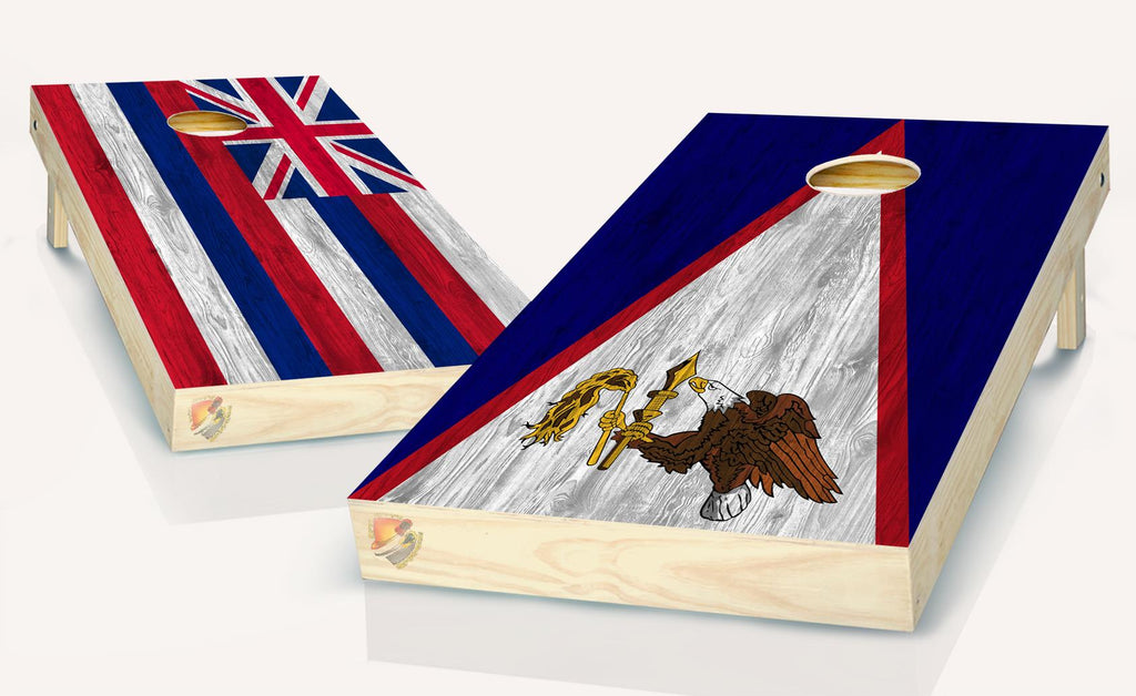 Hawaiian State Flag and American Samoa Flag Cornhole Washed Board Vinyl Wrap Skins Laminated Sticker Set Decal