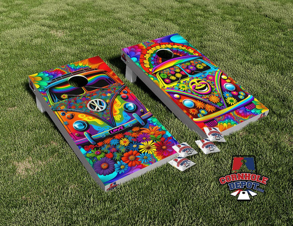 Hippie Van Flowers Colorful Cornhole Board Vinyl Wrap Skins Laminated Sticker Set Decal