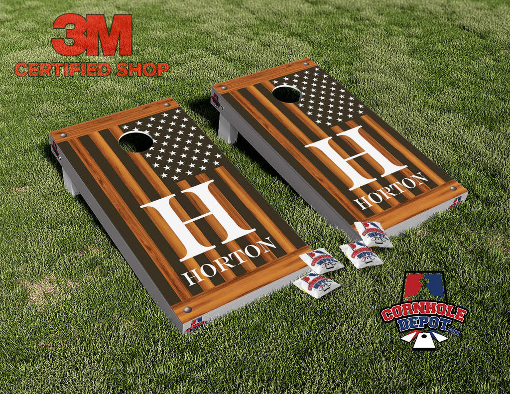 Horton Custom Personalized Monogrammed Name Dark Wood  American Flag Cornhole Board Vinyl Wrap Laminated Sticker Decal Set Anniversary Wedding Gifts