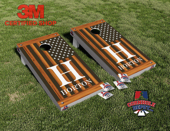 Horton Custom Personalized Monogrammed Name Dark Wood  American Flag Cornhole Board Vinyl Wrap Laminated Sticker Decal Set Anniversary Wedding Gifts