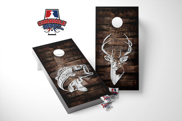 Hunting Deer and Bass Dark Wood Board Cornhole Board Vinyl Wrap Skins Laminated Decal Sticker Set
