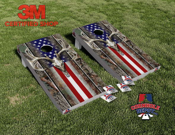 American Flag Camo Hunting Deer Skull Cornhole Board Vinyl Wrap Skins Laminated Sticker Decal Set Gifts