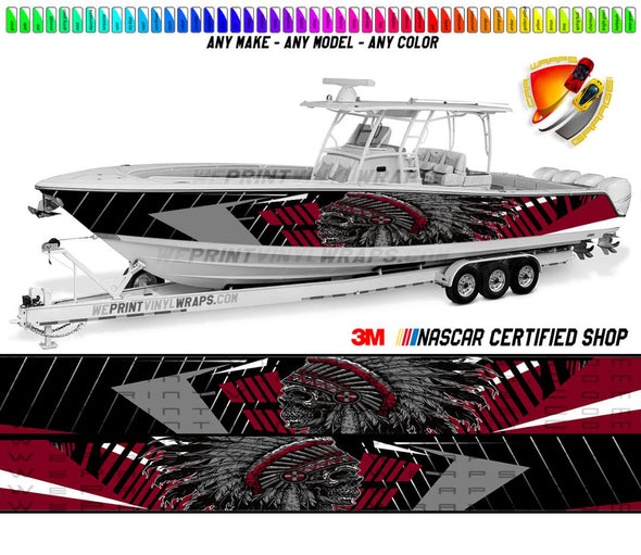 Indian Skeleton Burgundy Graphic Vinyl Boat Wrap Decal Pontoon Sportsman Console Bowriders Deck Watercraft Any Model Boat