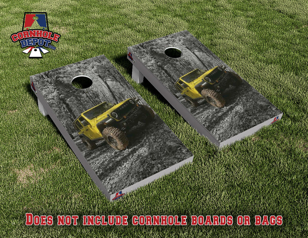Jeep Yellow Mudding Cornhole Board Vinyl Wrap Skins Laminated Sticker Set Decal