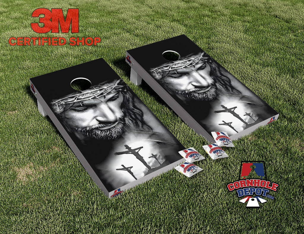 Jesus Religious Christian Cross Black and White Cornhole Board Vinyl Wrap Skins Laminated Sticker Set Decal