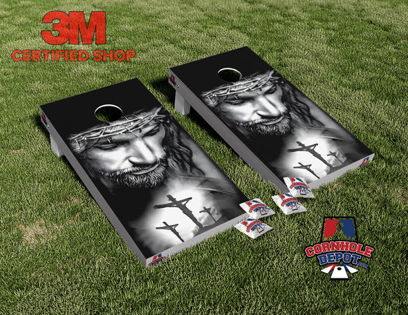 Jesus Religious Christian Cross Black and White Cornhole Board Vinyl Wrap Skins Laminated Sticker Set Decal