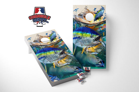 Jumping Tuna Fishes Boat Cornhole Board Vinyl Wrap Skins Laminated Set Decal