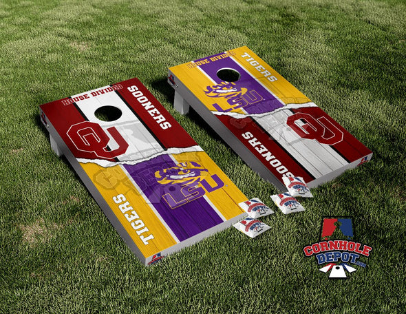 LSU Tigers and Oklahoma Sooners House Divided Cornhole Board Vinyl Wrap Skins Laminated Sticker Set Decal Gifts
