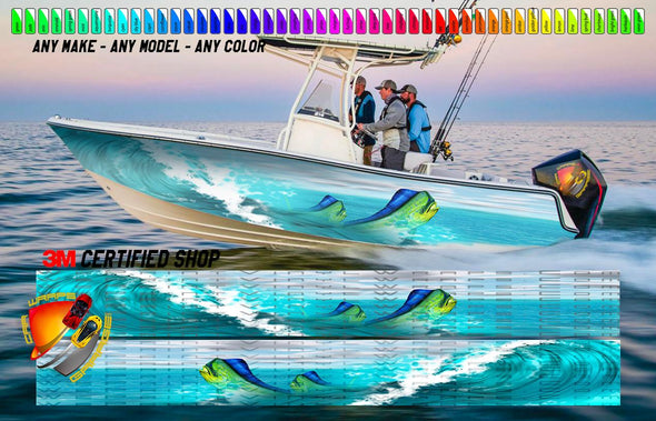 Mahi Mahi Ocean Waves Sky Blue Graphic Vinyl Boat Wrap Fishing Bass Pontoon  Sportsman Console Bowriders Watercraft etc.. Boat Wrap Decal