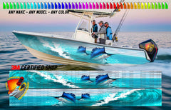 Marlins Sailfish Ocean Waves Sky Blue Graphic Vinyl Boat Wrap Fishing Bass Pontoon  Sportsman Console Bowriders Watercraft etc.. Boat Wrap Decal