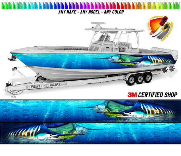 Marlins and Mahi Mahi Ocean Blue Graphic Vinyl Boat Wrap Fishing Bass Pontoon  Sportsman Console Bowriders Watercraft etc.. Boat Wrap Decal