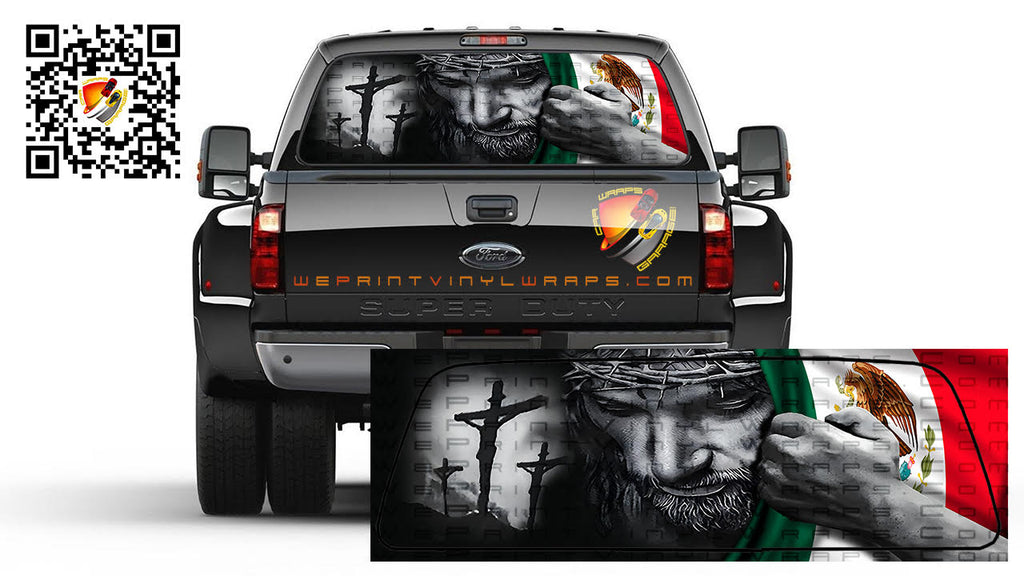 Mexican Flag Jesus Bandera de Mexico Rear Window Perforated Graphic Decal Trucks Cars Campers RV