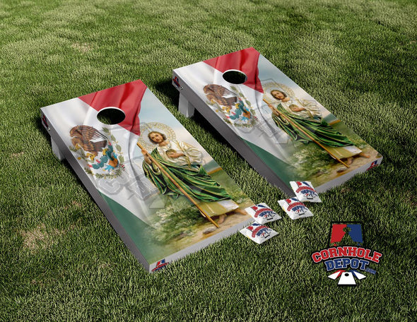 Mexican Flag St Jude Religious Cornhole Board Vinyl Wrap Skins Laminated Sticker Set Decal