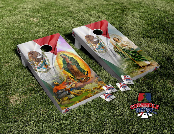 Mexican Flag St Jude and Virgen de la Guadalupe Cornhole Board Vinyl Wrap Skins Laminated Sticker Set Decal