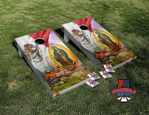 Mexican Flag Virgen de la Guadalupe Religious Cornhole Board Vinyl Wrap Skins Laminated Sticker Set Decal